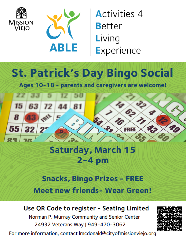 St. Patrick’s Day Bingo Social: for disabled youth aged 10-18 with their parents and caregivers